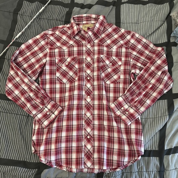 Wrangler Other - Wrangler Shirt Mens Large Red Blue Plaid Western Cotton Blend Pearl Snap Casual